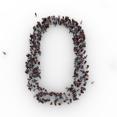 Large group of people seen from above gathered together in the shape of number zero. 0. 3d rendering - obrazy, fototapety, plakaty