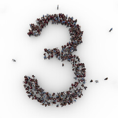 Large group of people seen from above gathered together in the shape of number three. 3. 3d rendering