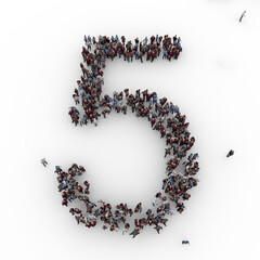 Large group of people seen from above gathered together in the shape of number five. 5. 3d rendering