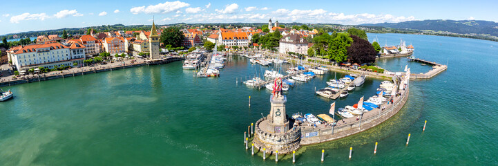 Lindau with marina town at lake Constance Bodensee panorama yachts travel traveling from above in...
