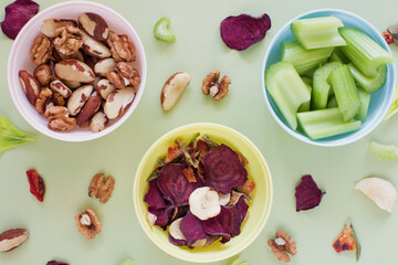 Mix of healthy snacks, fruit chips