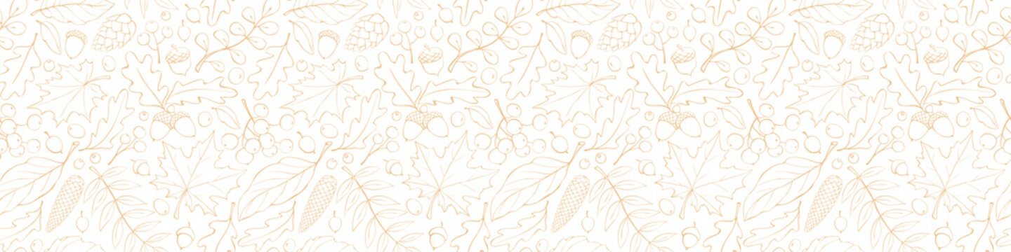 Seamless pattern falling leaves, acorns, berries, cones. Vector autumn texture in doodle style, light brown outline. Concept of forest, leaf fall, nature, thanksgiving