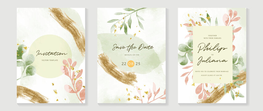 Luxury botanical wedding invitation card template. Watercolor card with gold line art, eucalyptus, leaves branches, foliage. Elegant blossom vector design suitable for banner, cover, invitation. 