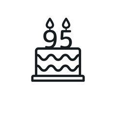 Birthday cake line icon with candle number 95 (ninety-five). Vector.