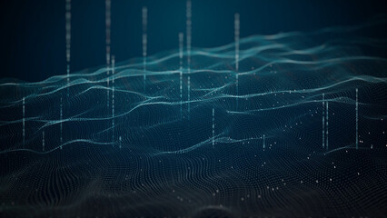 Abstract digital landscape or waves with flowing particles. Big data or technology background.