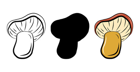 Colorful mushroom collection vector icon set isolated on white background, cartoon sticker, autumn season harvest vegetables. Doodle outline silhouette, shadow shape.