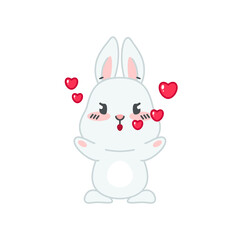 Cute bunny in love. Flat cartoon illustration of a funny little gray rabbit blowing a kiss isolated on a white background. Vector 10 EPS.