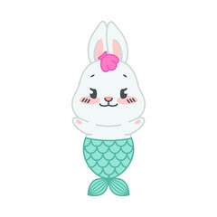 Cute mermaid bunny. Flat cartoon illustration of a happy little rabbit with a mermaid tail isolated on a white background. Vector 10 EPS.