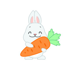 Cute bunny with a carrot. Flat cartoon illustration of a happy little rabbit hugging a big carrot isolated on a white background. Vector 10 EPS.