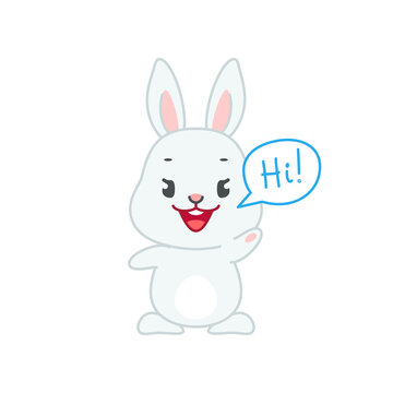 Cute bunny say "Hi!". Flat cartoon illustration of a funny little gray rabbit with speech bubble waving its paw hello isolated on a white background. Vector 10 EPS.
