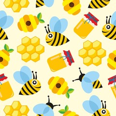 A set in a patern on the theme of honey, a jar of honey, hives, a swarm of bees, honeycombs, a bee