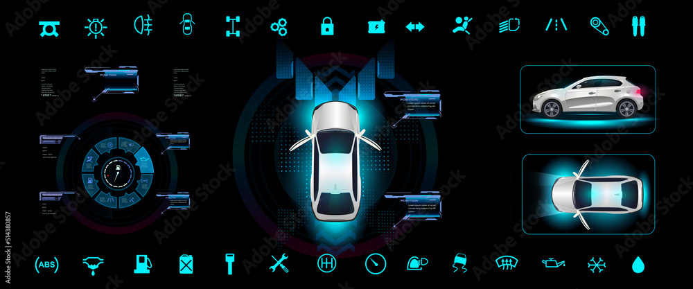 Poster car hud interface with navigation panel in three projections in the style of hud. smart car control 