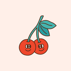 Retro happy cherry. Colorful vector illustration in vintage cartoon style. Nostalgic 70s 60s design element.