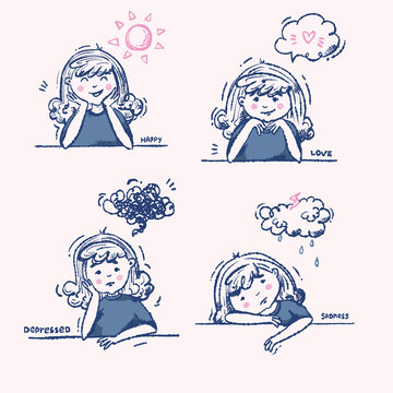 Bright vector illustration with happy girls and sad girls