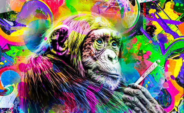 Fototapeta grunge background with graffiti and painted monkey with cannabis cigarette