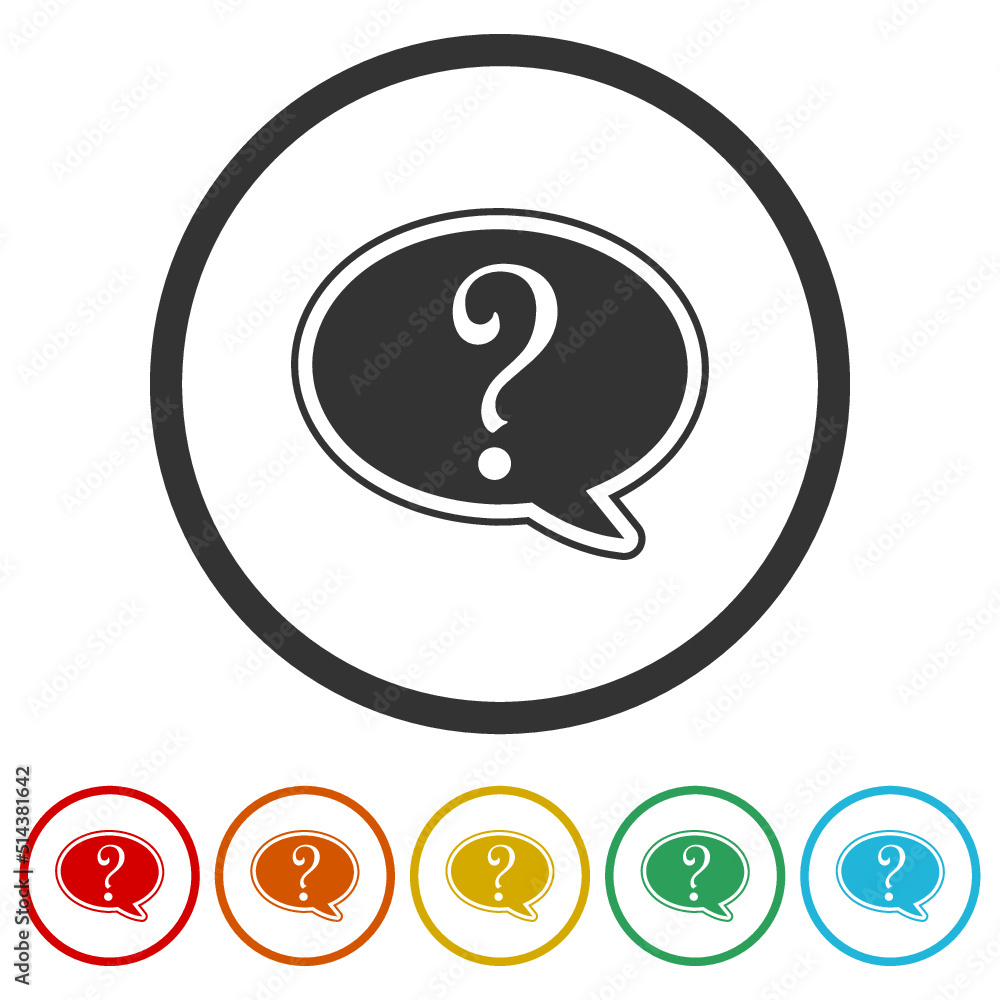 Poster speech bubble with question mark icons in color circle buttons