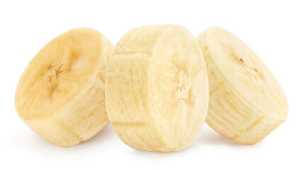 Tasty banana pieces close-up, isolated on white background