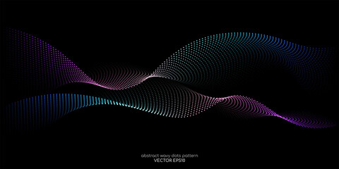 Flowing dots particles wave pattern colorful spectrum light isolated on black background. Vector in concept of AI technology, science, music.