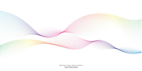 Flowing particles wave pattern, colorful spectrum colors gradient isolated on white background. Vector in concept of AI technology, science, music, modern.
