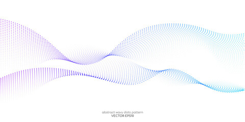 Flowing particles wave pattern, blue and purple gradient color isolated on white background. Vector in concept of AI technology, science, music, modern.