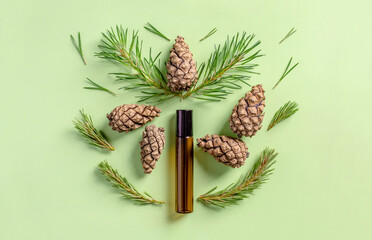 Bottle of essential oil and cones and needles of conifers trees