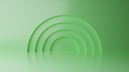 Obraz premium Abstract minimal empty podium with circle details on the wall. Empty room concept with half semi circle on natural lighting. Rendering 3d shape, product display presentation. Futuristic wall scene.