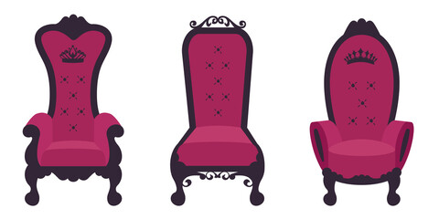 Set of vintage throne chairs. Collection of king armchairs isolated. Throne icon for decoration business card, vip card template. Vector flat illustration