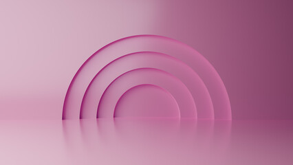 Obraz premium Abstract minimal empty podium with circle details on the wall. Empty room concept with half semi circle on natural lighting. Rendering 3d shape, product display presentation. Futuristic wall scene.