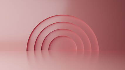 Obraz premium Abstract minimal empty podium with circle details on the wall. Empty room concept with half semi circle on natural lighting. Rendering 3d shape, product display presentation. Futuristic wall scene.