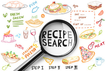 Collage with different tasty dishes and magnifier with text RECIPE SEARCH on white background