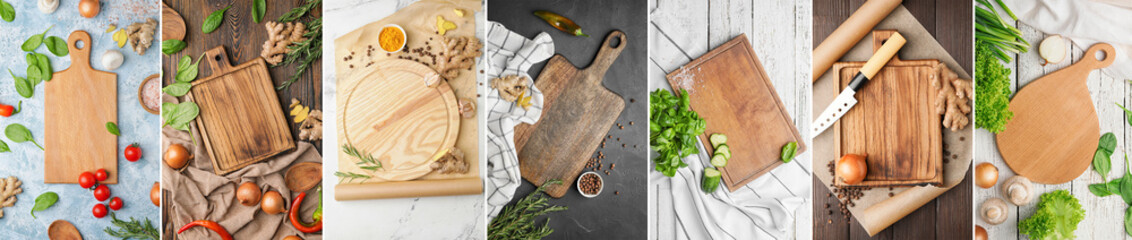 Set of wooden cutting boards with knife, fresh vegetables and spices on table, top view