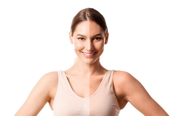 Fototapeta premium Portrait of pretty young woman before and after tanning on white background