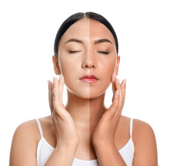 Portrait of pretty young Asian woman before and after tanning on white background