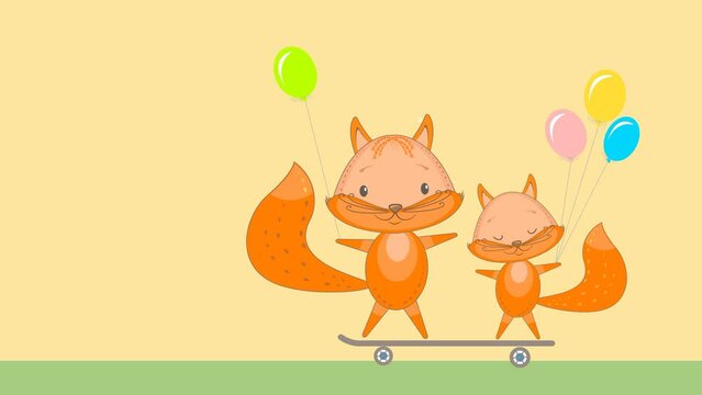 Funny animals, Two little foxes riding a skateboard. Animation in cartoon style.