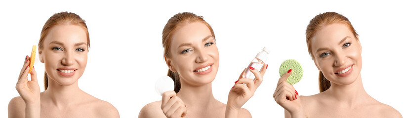 Set of beautiful redhead woman with makeup sponges on white background