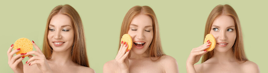 Set of beautiful redhead woman with makeup sponges on green background