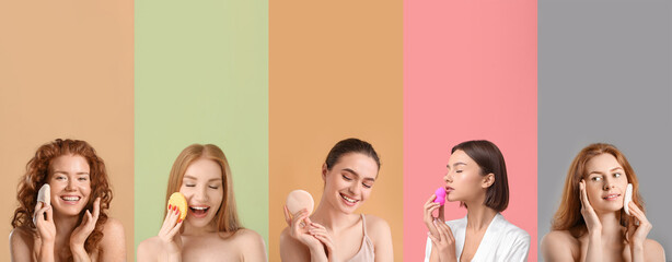 Set of beautiful women with makeup sponges on colorful background
