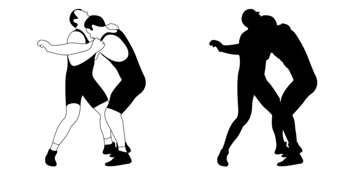 Silhouette outline of wrestler athlete in wrestling, duel, fight. Greco Roman, freestyle, classical wrestling.