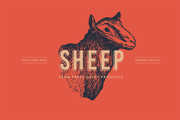 Sheep head. Hand-drawn retro picture with an animal in engraving style. Can be used for restaurant menu design, market packaging, and labels. Vector vintage illustrations on a red background.