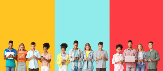 Group of teenagers with modern devices on color background with space for text