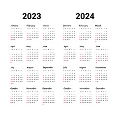 Simple calendar set for 2023 - 2024 years. Simple editable vector calender