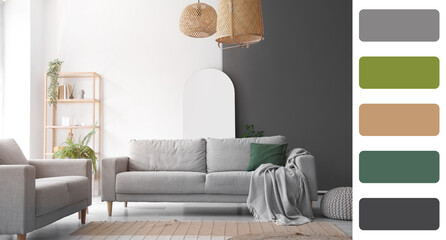 Interior of light living room with sofas. Different color patterns