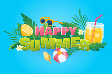 Happy summer background in flat cartoon design. Wallpaper with text and composition of lemonade, ice cream, sunglasses, flowers, tropical leaves. Vector illustration for poster or banner template