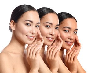 Set of beautiful young Asian woman on white background. Process of tanning