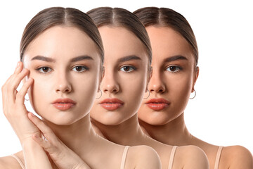 Set of beautiful young woman on white background. Process of tanning