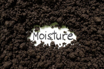 Soil moisture content for agriculture concept. Written word on piece of paper on soil.	
