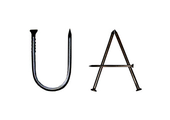 The two-letter code of Ukraine (UA) made of iron nails on a white background.