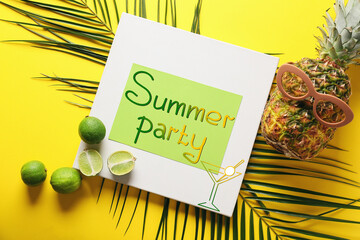 Advertisement banner for summer party with tropical fruits and palm leaf