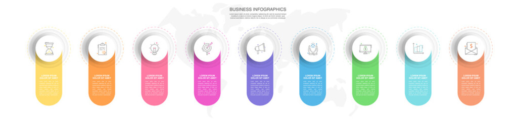 Modern vector infographics design template. Concept with 9 steps, labels. Creative timeline with graph elements, percentage circles and icons. Performance analysis in percent