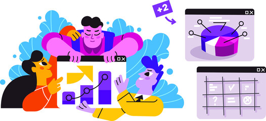 Team presenting business technology projects. UI design concept, web interfaces, websites, set presenting information,  landing pages and applications.  Flat simple illustration on white background